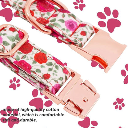 Dog Collar and Leash Set Girls Adjustable Puppy Collars with Floral Bow Tie for Small Medium Large Female Dogs, Red Rose, S