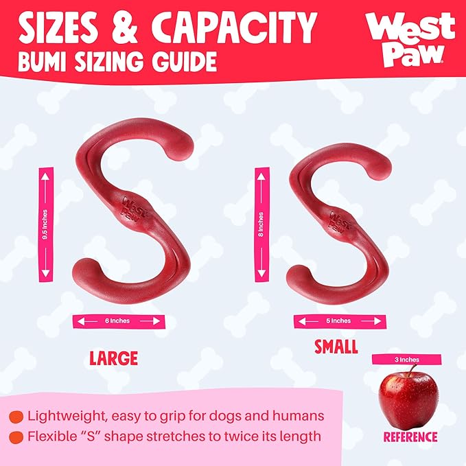 WEST PAW Zogoflex Bumi Dog Tug Toy – S-Shaped, Lightweight Chew Toys for Fetch, Play, Pet Exercise – Tug of War Soft Flinging Squishy Chewy Toy for Dogs – Guaranteed, Latex-Free, Large 9.5", Ruby