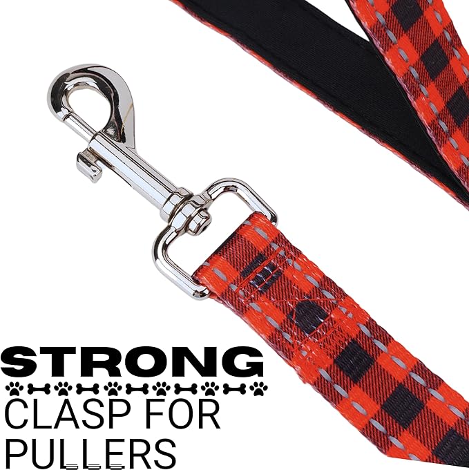 EcoBark Dog Leash - Soft & Reflective Comfort Leash with Padded Handle - Safe, Strong, & Durable for Small, Medium or Large Dogs (Red Buffalo Plaid)