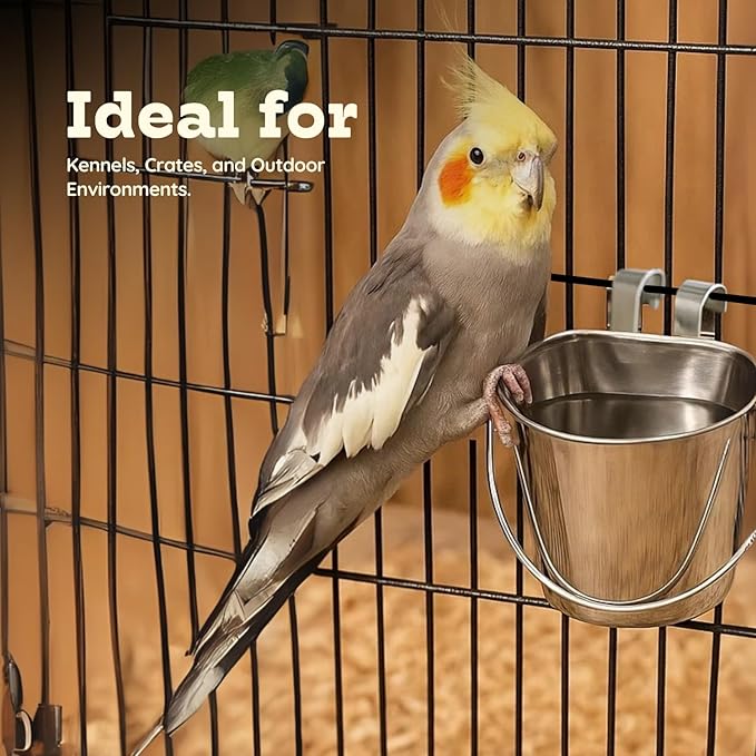 1 quart Stainless Steel Flat Sided Bucket with Dual Hooks | 0.25 gal Durable Food & Water Bowl for Dog Cat Bird & Small Animals | Fits kennel Cage Critter Crate | Hanging Utility Pet Pail
