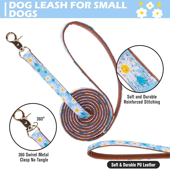 EXPAWLORER Small Collar and Leash Set - Embroidery Pawprints with Bow Tie and Bandana Collar with Bell, Soft Tangle Free Leash for Dogs Cats Outdoor Walking, Holiday Ideal Gift Blue Daisy S