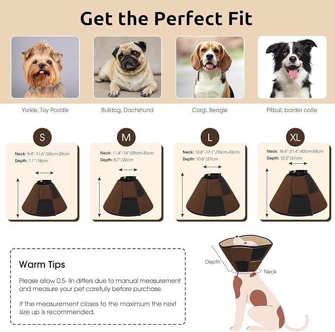 Queenmore Dog Cones for Large Dogs, Soft Dog Cone for Large Breeds, Cone for Dogs After Surgery, Adjustable Elizabethan Collar for Pet to Prevent Licking Wounds, Brown L