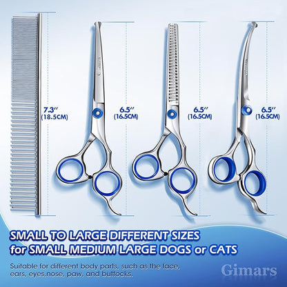 Gimars Professional 5 in 1 Grooming Scissors for Dogs 4CR with Safety Round Tip, Heavy Duty Titanium Coated Straight & Thinning & Curved Shears