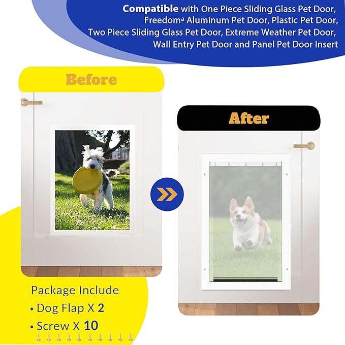 2 Pack Large Dog Door Replacement Flaps with Screws, Compatible with Petsafe Freedom Doggie Doors PAC11-11039 10 1/8" X 16 7/8" Weather Resistant Flexible (Without Bracket-Frosted Transparent)