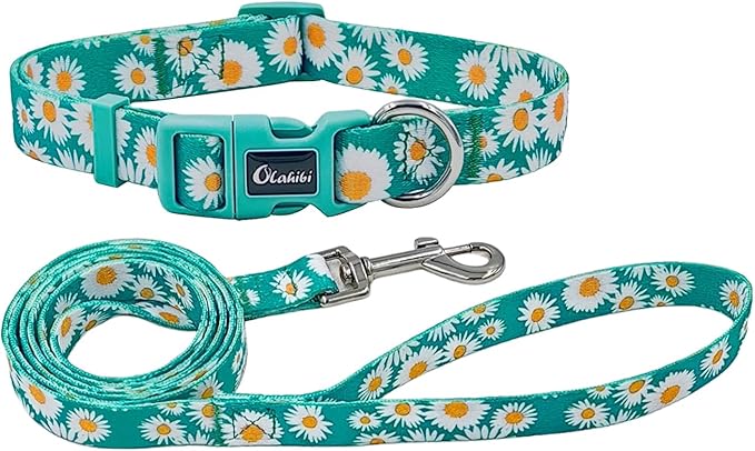 Dog Collar and Leash Set, Cute Daisy Pattern, Polyester Material, 5ft Leash, for Puppy Dogs.(Extra Small,Green Daisy)