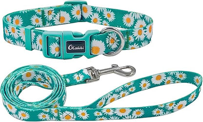 Dog Collar and Leash Set, Cute Daisy Pattern, Polyester Material, 5ft Leash, for Small Dogs.(Small,Green Daisy)