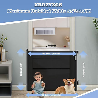 Retractable Baby Gate for Stairs Doorways, Extra Wide 55" No-Drill Pressure Mount OR Screw Mount, Space Saving Mesh Gate with No Bottom Bar Trip Hazard, for Indoor Outdoor Use with Kids, Dogs & Cats