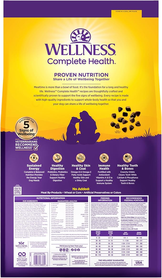 Wellness Complete Health Adult Dry Dog Food, Wholesome Grain Kibble, Natural, Chicken and Oatmeal Recipe, 38 lb Bag