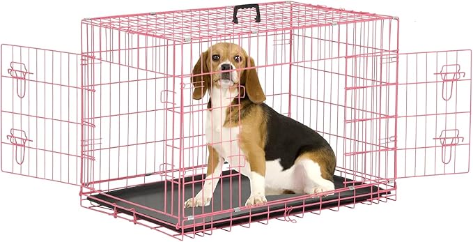 36 inch Dog Crates for Medium Dogs Folding Metal Wire Dog Cage Kennel, Indoor Outdoor Dog Crate Kennels with Handle&Proof Tray Portable Pet Kennel Pink