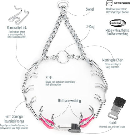 Herm Sprenger Chrome Plated Steel Dog Collar with Quick Release ClicLock Buckle and Biothane Insert Training Collar for Dogs Made in Germany (Passionfruit Pink, 22in x 3.0mm(Neck Size up to 18-19in))