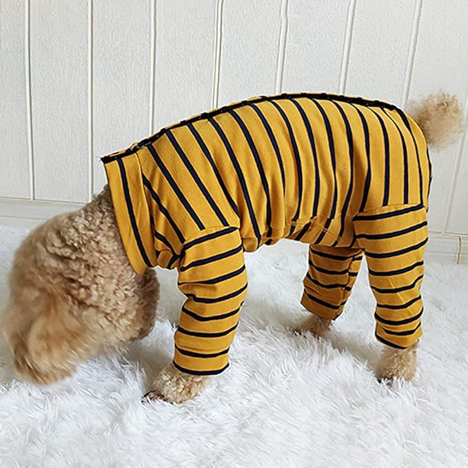 Dog’s Recovery Suit Post Surgery Shirt for Puppy, Full Coverage Dog's Bodysuit Wound Protective Surgical Clothes for Small and Medium Pets (Yellow Black Stripe-xs)