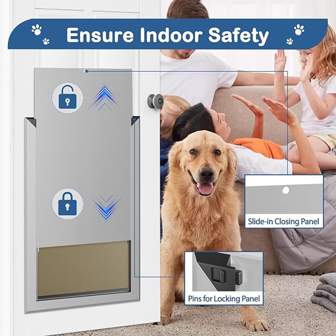Extra Large Dog Door, XL Dog Door with 2 Self-Closing Insulated Flaps for Extreme Weather, Heavy Duty Aluminum XXL Dogs Doors for Pets Up to 230LBS, for Interior & Exterior Doors, X-Large, Sliver