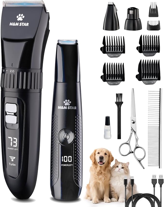 M&M STAR Dog Grooming Kit, Quiet Dog Clippers for Grooming Heavy Thick Coats, Cordless Pet Hair Trimmer & Shaver with Paw Trimmer, Low Noise Rechargeable Clippers for Small Large Dogs Cats