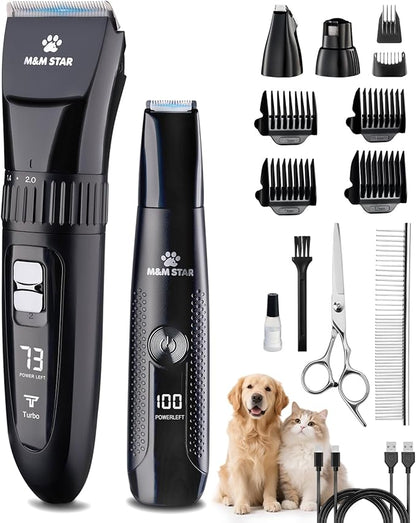 M&M STAR Dog Grooming Kit, Quiet Dog Clippers for Grooming Heavy Thick Coats, Cordless Pet Hair Trimmer & Shaver with Paw Trimmer, Low Noise Rechargeable Clippers for Small Large Dogs Cats