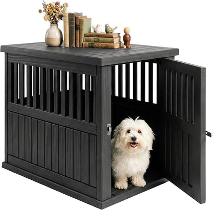 Fancyango Dog Crate Furniture End Table - Decorative Corner Dog House Table for Small to Medium Dogs, Indoor Plastic Dog Crate with Lockable Latch (Classic Black, 29.5" L x 21" W x 25.2" H)