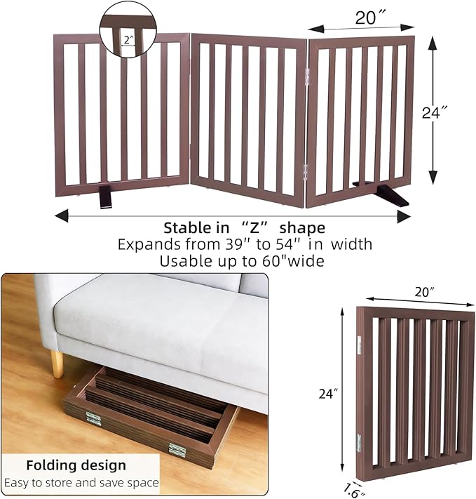 ZJSF Freestanding Indoor Dog Gate for House Foldable Wood Puppy Gate for Doorways Pet Gate for Stairs Extra Wide Pet Fence, Brown, 24" Height 3 Panels