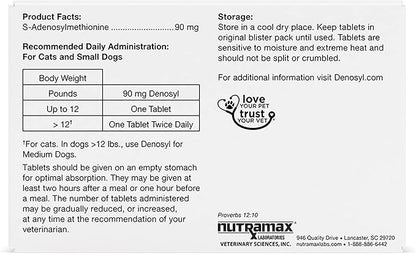 Nutramax Laboratories Denosyl for Dogs and Cats, Liver Health Supplement for Cats and Small Dogs, with S-adenosylmethionine (SAMe), Stabilized Tablets, 30 Count