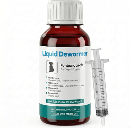 Dewormer for Dogs & Cats Liquid Fenbendazole 10% - Broad Spectrum Suspension - Removes Roundworm, Hookworm, Whipworms, Tapeworm - Easy to Mix with Food, Includes 3ml Dosing Syringe (100ml)