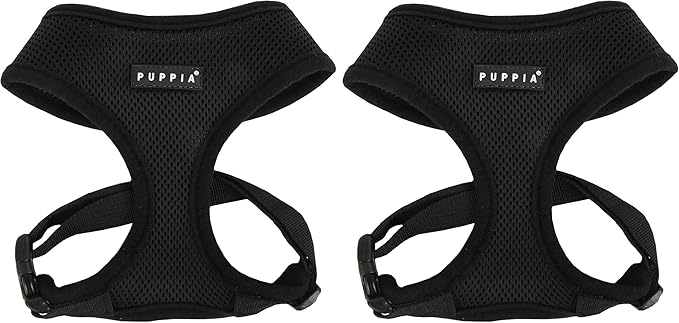 Puppia Soft Dog Harness No Choke Over-The-Head Triple Layered Breathable Mesh Adjustable Chest Belt and Quick-Release Buckle, Black, Small (Pack of 2)