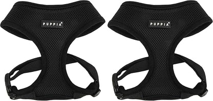 Puppia Soft Dog Harness No Choke Over-The-Head Triple Layered Breathable Mesh Adjustable Chest Belt and Quick-Release Buckle, Black, Small (Pack of 2)