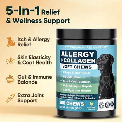 Dog Allergy Chews is Collagen Omega 3 Human Anti Itch Relief for Dogs Multivitamin Itching Skin Relief and Aller Immune Pet Allergy Chews Coat Licking Supplement Pills Meds Treats 200 Bites for Dogs