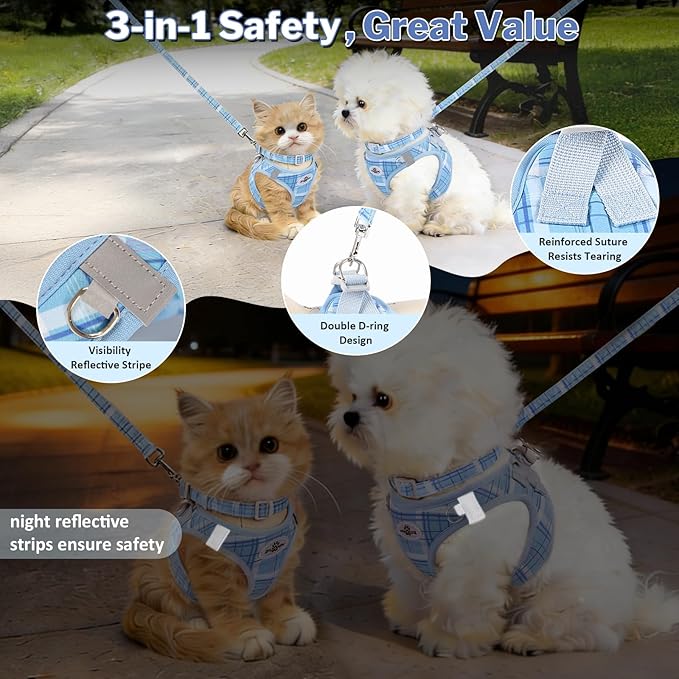 Gyuzh Dog Harness and Leash Set, 3-in-1 Step in No Pull Harness Vest Collar for Small Dogs & Cats, Lightweight Breathable Mesh Reflective Plaid with Padded Handle (Blue, L)