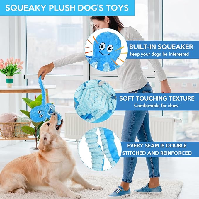 Letsmeet Squeaky Dog Toys Octopus Stuffed Crinkle Toy, Puppy Chew Toys for Teething, Durable Tug of War Interactive Plush Dog Toys for Puppies Small, Medium, and Large Dogs