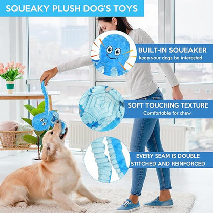 Letsmeet Squeaky Dog Toys Octopus Stuffed Crinkle Toy, Puppy Chew Toys for Teething, Durable Tug of War Interactive Plush Dog Toys for Puppies Small, Medium, and Large Dogs