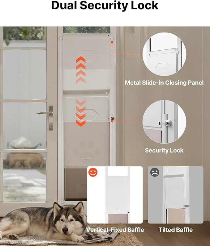 VEVOR Dog Door for Sliding Glass Door, 91 to 96 in Adjustable Height, Aluminum Alloy Frame with Metal Rotating Hinges, Lock Design, 13 5/8 x 23 5/8 in Flap, Sliding Glass Pet Door for Renters