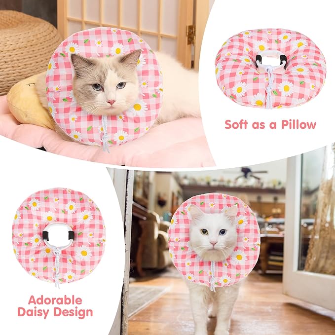 BEAUTYZOO Cat Cone Collar Soft, Cat Donut Recovery Collar after Surgery to Stop Licking, Kitten E Collars Neck Pillow Cone for Cats, Adjustable Elizabeth Pet Collars for Puppy Small Dogs, Pink Daisy S