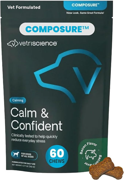 VetriScience Clinically Tested Composure Calm & Confident Chews - Supplement for Dogs with Anxiety, Stress & Fear with L-Theanine for Thunderstorms, Fireworks or Travel, Bacon, 60 Count