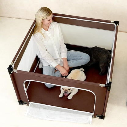 EHEYCIGA 42x42x26 Inches Puppy Playpen Without Top Cover for Dogs & Cats Indoor or Outdoor - Dog Playpen with Door, Dog Fence for Small Animal with Heavy-Duty Oxford & Steel Frame, Brown