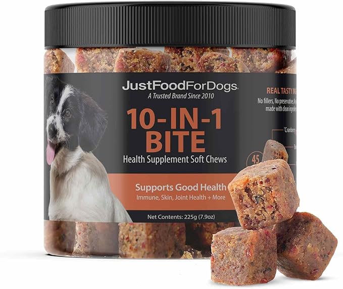 JustFoodForDogs 10-in-1 Supplement for Dogs, Human Grade Dog Supplements, Multivitamin Soft Chews, Immune, Skin and Joint Support, Omega 3 Oil, Superfood Blend, Plant Based Dog Vitamins - 45 Count