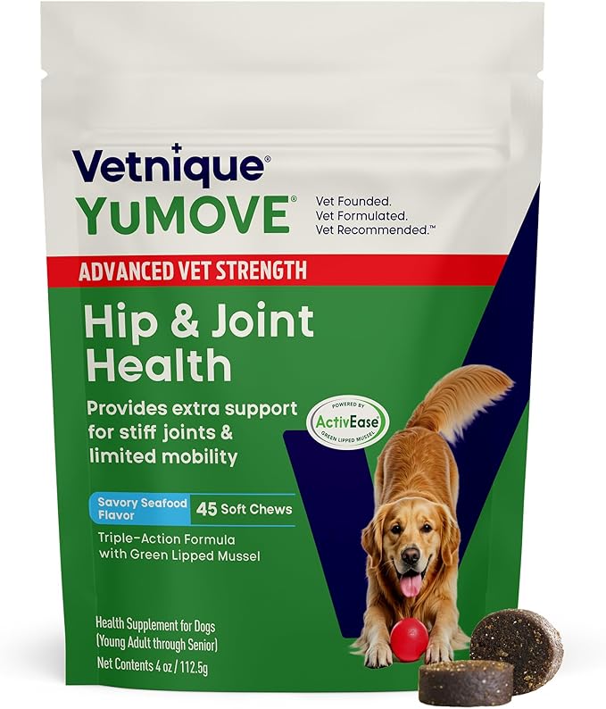 YuMOVE Hip & Joint Supplement for Dogs with Glucosamine, Hyaluronic Acid, Green Lipped Mussel & Omega 3 Joint Supplement - Regular or Advanced Strength (45ct Chews, Advanced Strength)
