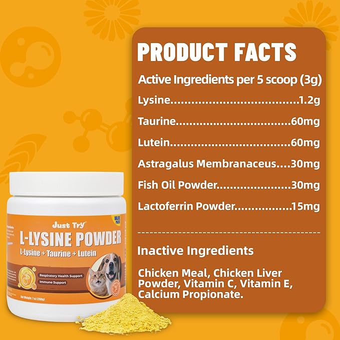 Just Try L-Lysine Powder Lysine for Cats Lysine Cat Immune Support for Dogs Lysine Supplement Cat Health Supplies 7 OZ