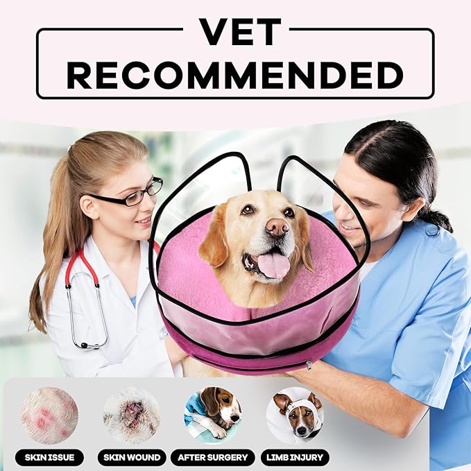 Inflatable Dog Cone Collar-Enhanced Anti-Licking Protective Cone with Adjustable Strap-Soft Dog Donut Collar Recovery Cone for Pets After Surgery (Pink, M)