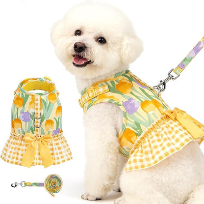 EXPAWLORER Dog Harness Small Medium Sized Dogs, Tulip Dog Dress Bowknot Harness and Leash Set, No Choke No Pull Soft Mesh Vest Cute Princess Puppy Outfits Clothes Costume for Girls Party Cats Yellow S