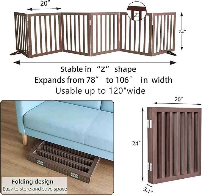 Dog Gate Indoor, Freestanding Dog Fence for The House, Doorways, Hallways,or Stairs,Pet Gate Foldable Wooden,Expandable 24" Height 6 Panels,Brown