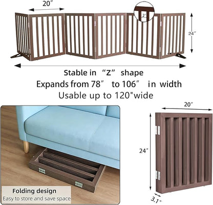 Dog Gate Indoor, Freestanding Dog Fence for The House, Doorways, Hallways,or Stairs,Pet Gate Foldable Wooden,Expandable 24" Height 6 Panels,Brown