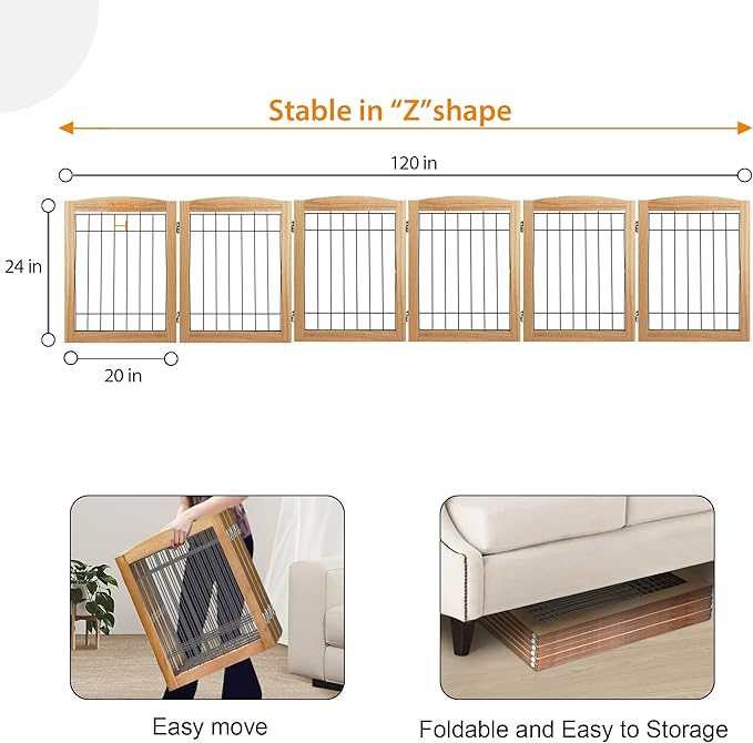 LZRS 6-Panel Extra Wide Wooden Freestanding Dog Gate: Foldable Solid Wood and Steel Wire Chew Resistant Safety Barrier for Doorways, Stairs, and Open Long Spaces Indoor Use, Natural