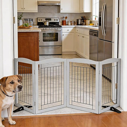 ZJSF Freestanding Dog Fence Indoor, Foldable Dog Gate for Doorways, Stairs or Hallways, Sturdy Wood Extra Wide Pet Gate with Support Feet for The House, Grey, 24 "Height-4 Panels