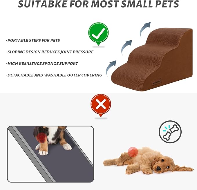 Aodisman 3-Step Dog Ramp and Stairs for Sofa and Chair - Non-Slip Sturdy Pet Steps for Small Dogs and Cats,15.7" H,Brown