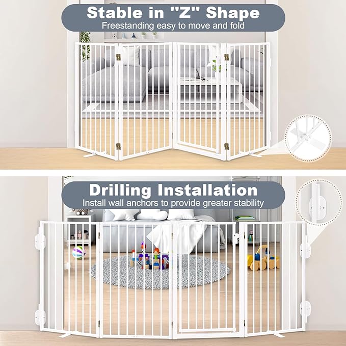Metal Freestanding Dog Gates with Door for Outdoor Indoor,80'' Extra Wide 24'' Tall Free Standing Dog Gate for Doorways,Large Openings,Deck,Yard,Porch,Foldable Safety Pet Fence(White,4 Panels)