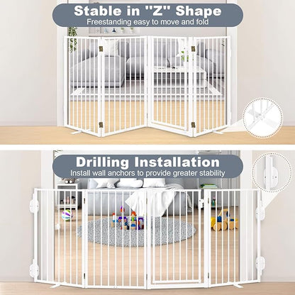 Metal Freestanding Dog Gates with Door for Outdoor Indoor,80'' Extra Wide 24'' Tall Free Standing Dog Gate for Doorways,Large Openings,Deck,Yard,Porch,Foldable Safety Pet Fence(White,4 Panels)