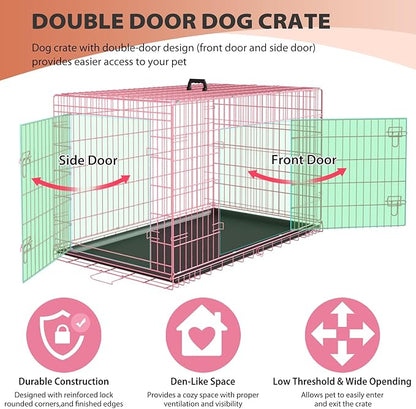 BestPet 30 Inch Dog Crates for Small Medium Dogs Folding Metal Wire Crates Dog Kennels Outdoor and Indoor Pet Dog Cage Crate with Double-Door,Divider Panel, Removable Tray and Handle,Pink