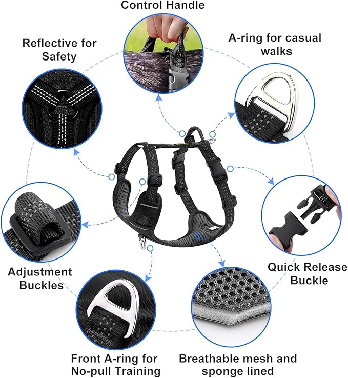 Plutus Pet No Pull Dog Harness, Reflective Adjustable Dog Vest Harness with Handle, Escape Proof, Soft Padded for Small Medium Large Dogs (Black, M)