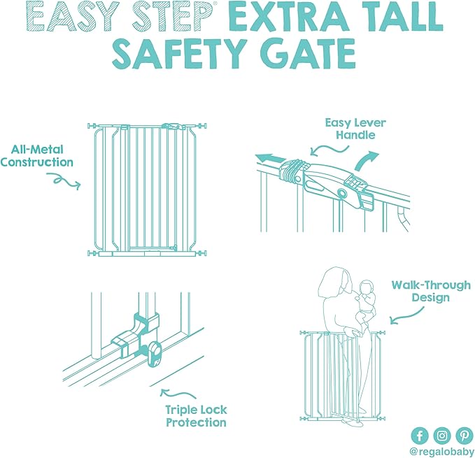 Regalo Safety 36” Extra Tall Baby Gate for Doorways & Bottom of Stairs, Pressure Mounted Baby Gate with Door for Babies, Toddlers & Pets, Tested & Safe, American Designed and Owned, Platinum