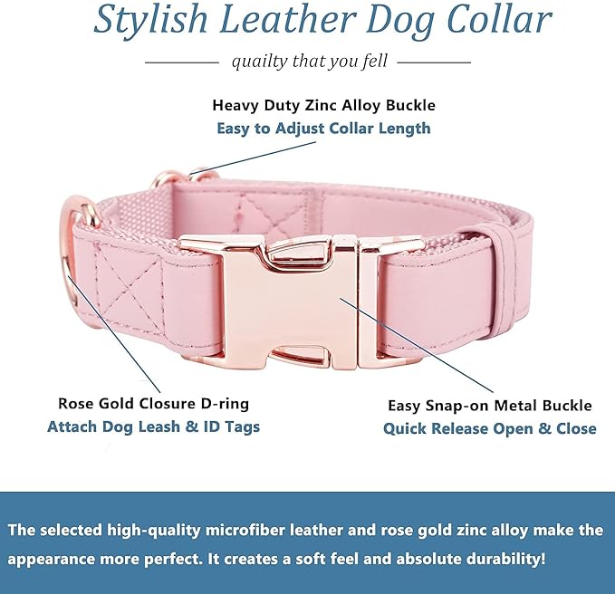 Dog Collar and Leash Set.Soft and Easy to Clean Vegan Leather with Rose Gold Metal Buckle for Small Medium Large Dogs (Pink, S(12.2"-16.9"))