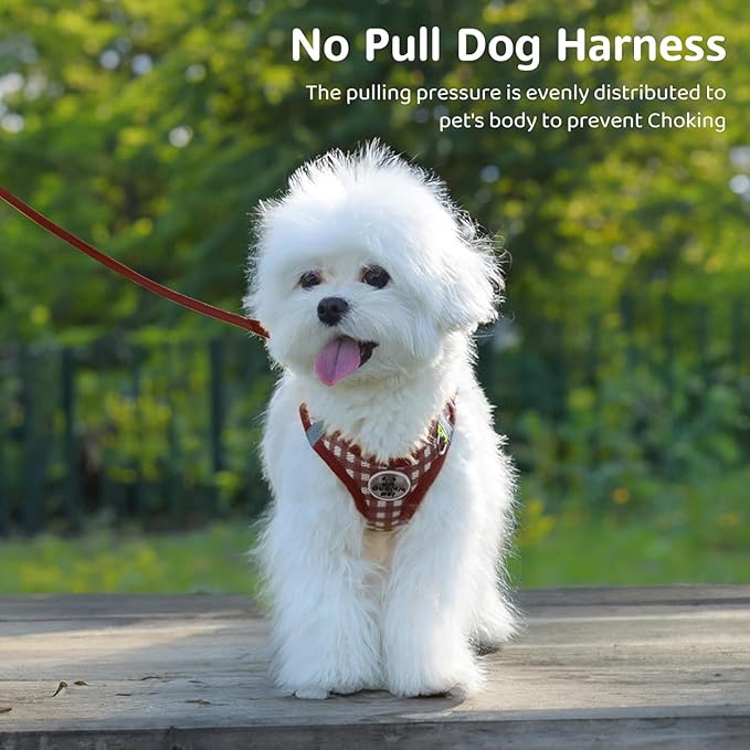 Soft Mesh Dog Harness and Leash Set, Step-in Escape Proof Vest Harnesses, Reflective Breathable Pet Harness Adjustable Plaid Pet Outdoor Harnesses for Medium Dogs, Chocolate L