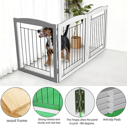 ZJSF Freestanding Foldable Dog Gate for House Extra Wide Wooden Grey Puppy Gate Stairs Dog Gates Doorways Tall Pet Gate 24" Height 3 Panels Pet Fence